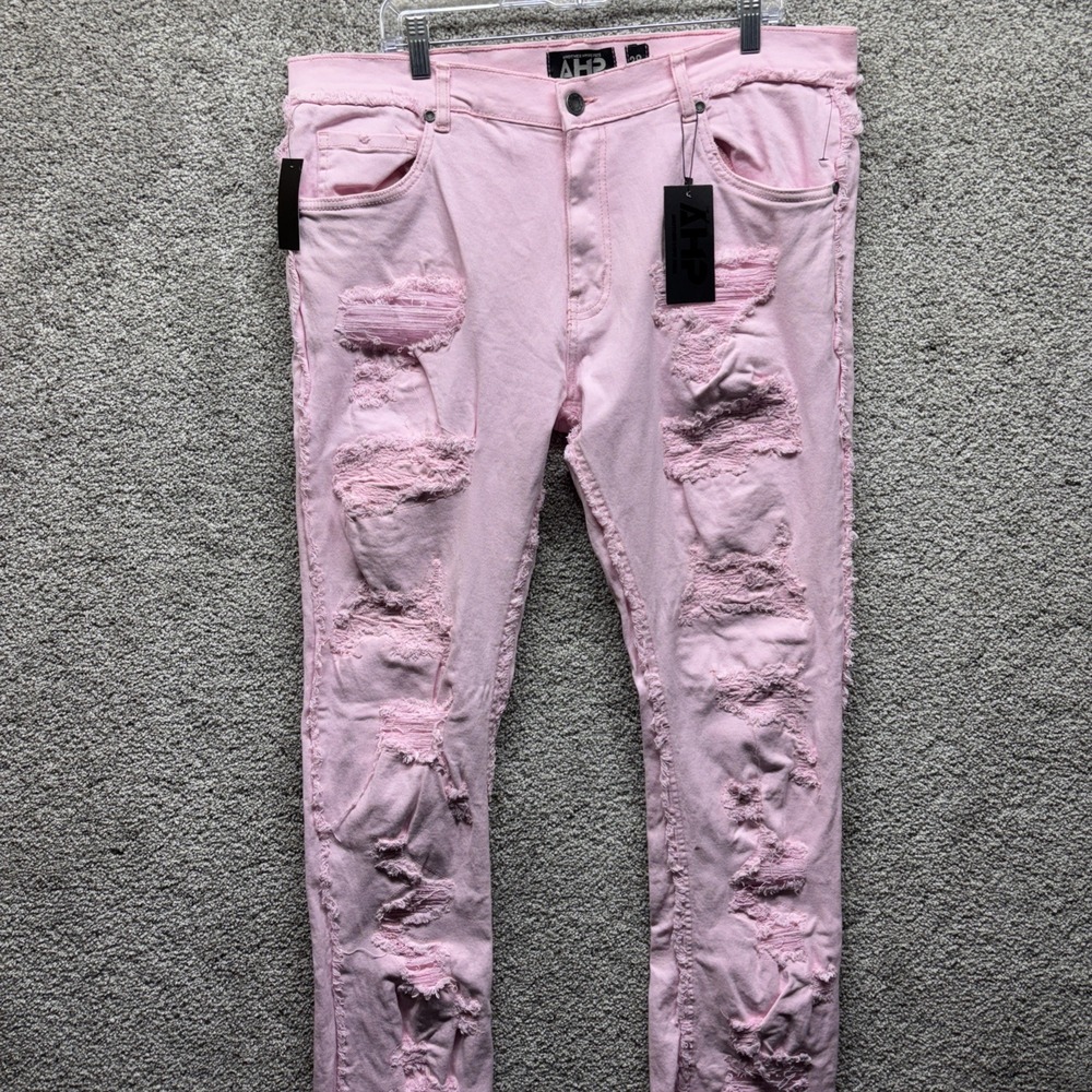 Another Hype Piece AHP Pink Jeans Mens 38x36 Skinny Distressed Ripped Unique NWT